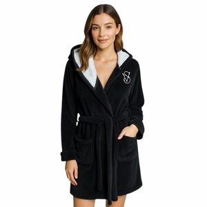 Victoria’s Secret Women’s Robe Plush Fleece Hooded Black VS Monogram Size S